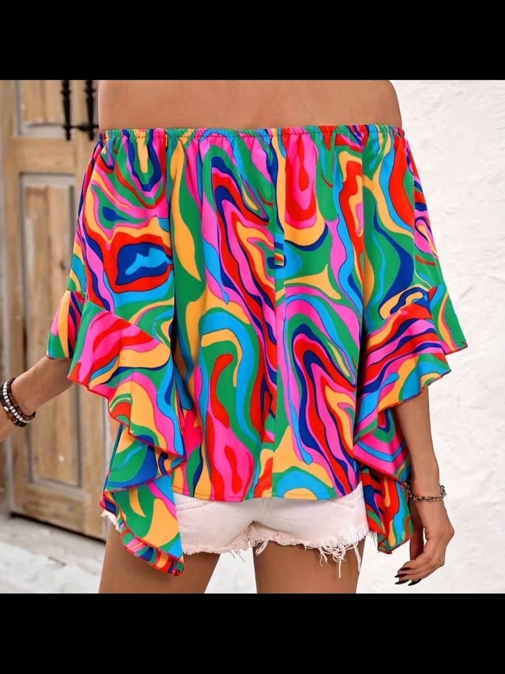 Off-Shoulder Multicolor Swirl Print Blouse